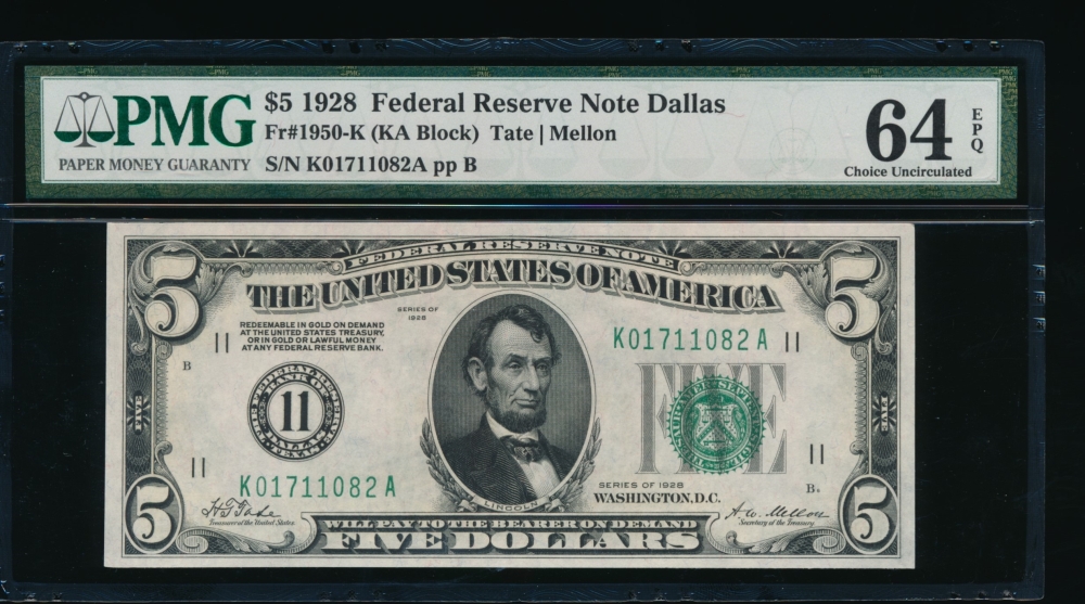 Fr. 1950-K 1928 $5  Federal Reserve Note Dallas PMG 64EPQ K01711082A