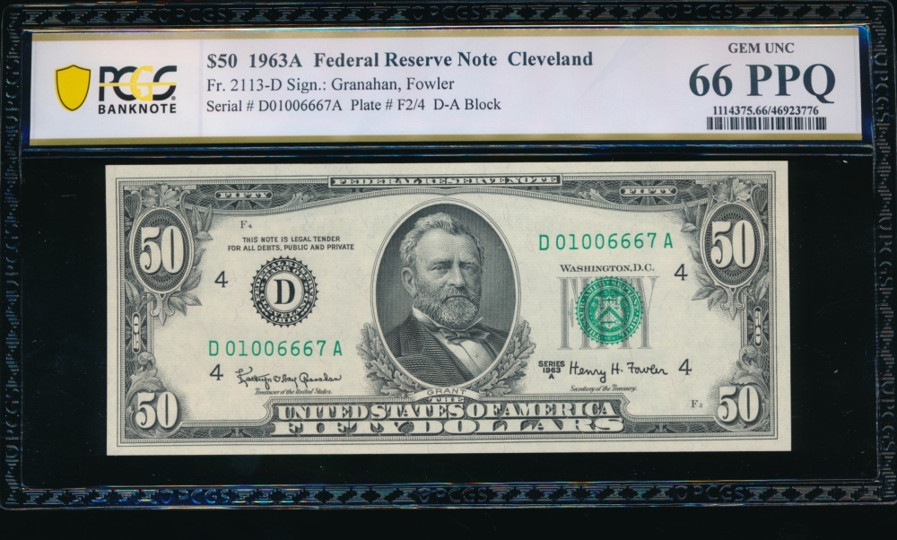 Fr. 2113-D 1963A $50  Federal Reserve Note Cleveland PCGS 66PPQ D01006667A