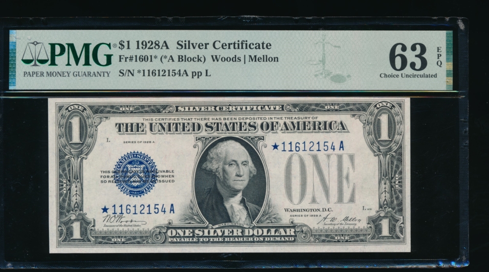 Fr. 1601 1928A $1  Silver Certificate *A block PMG 63EPQ *11612154A