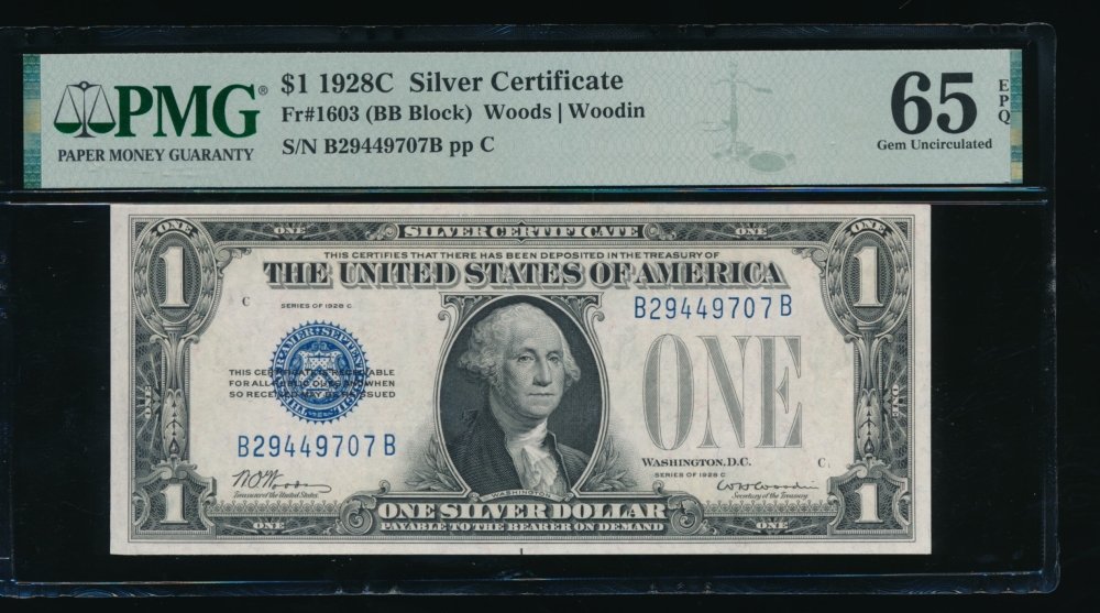 Fr. 1603 1928C $1  Silver Certificate BB block PMG 65EPQ B29449707B