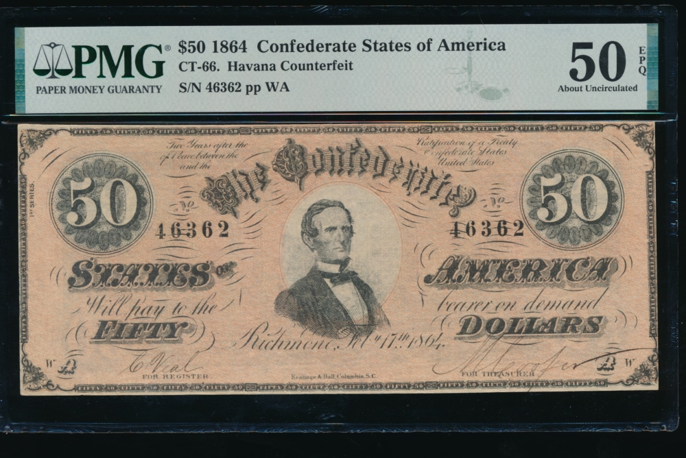 Fr. CT-66 1864 $50  Confederate Havana Counterfeit PMG 50EPQ 46362