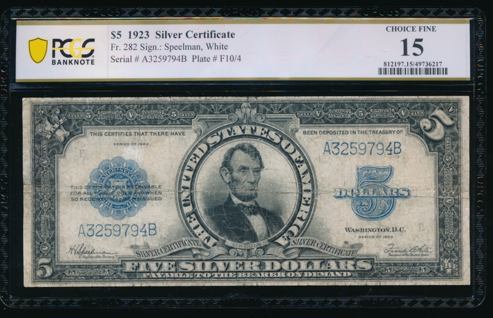 Fr. 282 1923 $5  Silver Certificate  PCGS 15 A3259794B