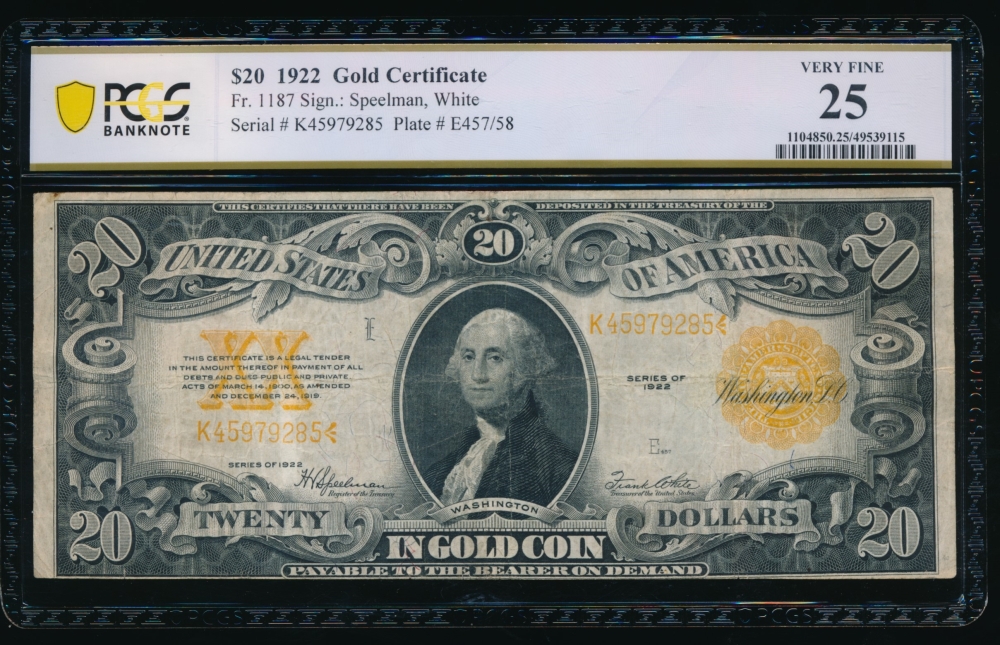 Fr. 1187 1922 $20  Gold Certificate  PCGS 25 K45979285