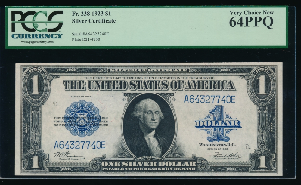 Fr. 238 1923 $1  Silver Certificate AE block PCGS-C 64PPQ A64327740E