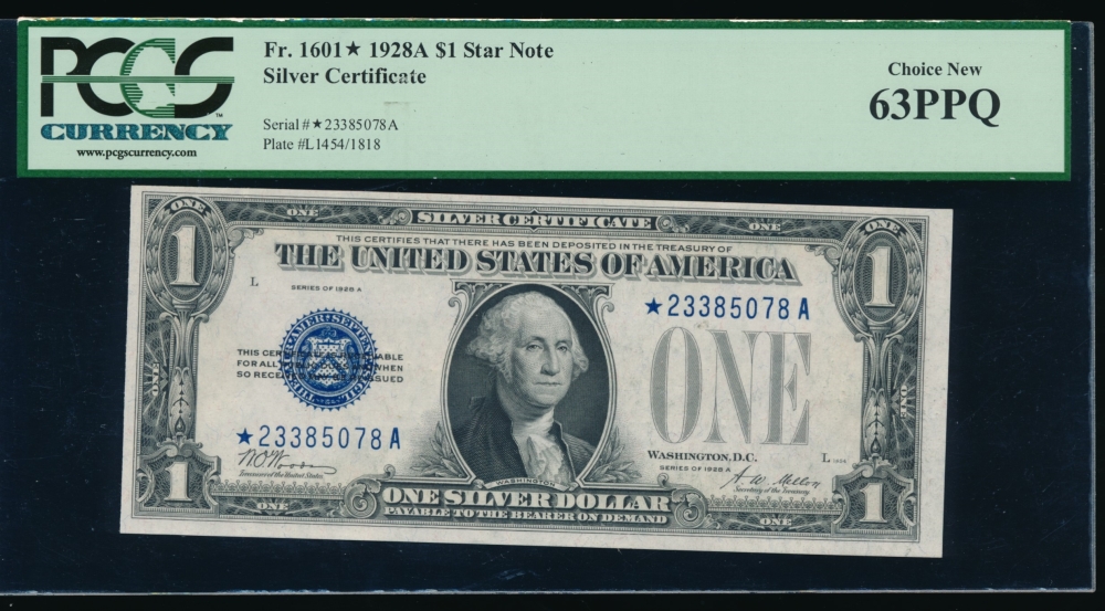 Fr. 1601 1928S $1  Silver Certificate *A block PCGS-C 63PPQ *23385078A