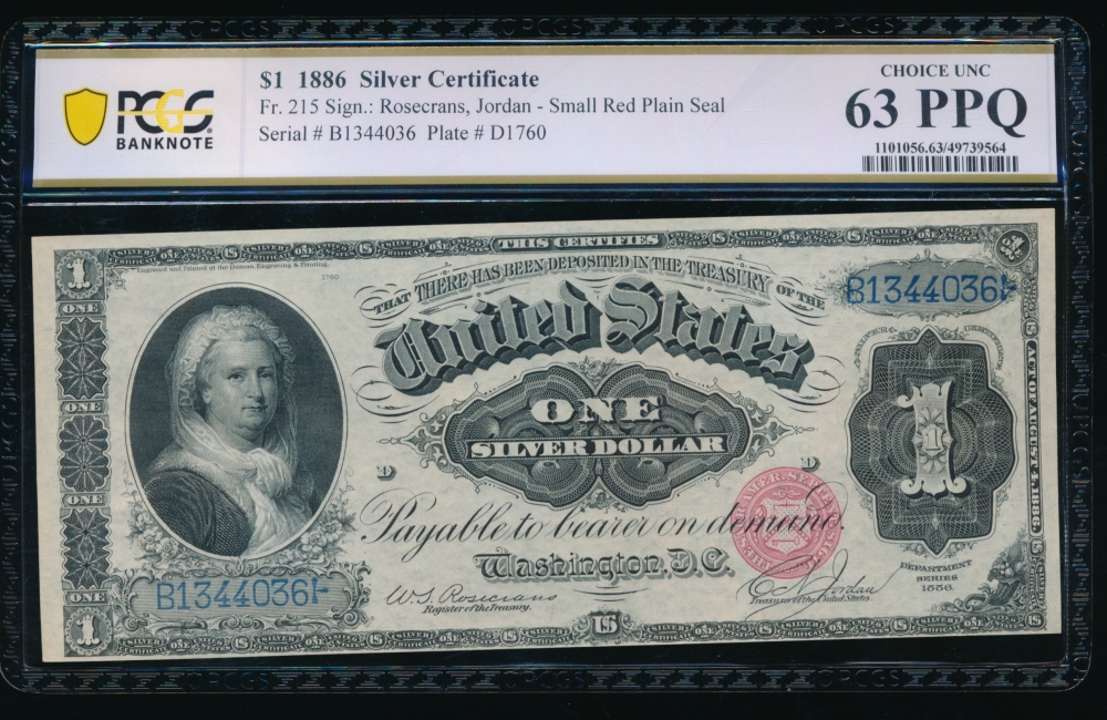 Fr. 215 1886 $1  Silver Certificate  PCGS 63PPQ B1344036