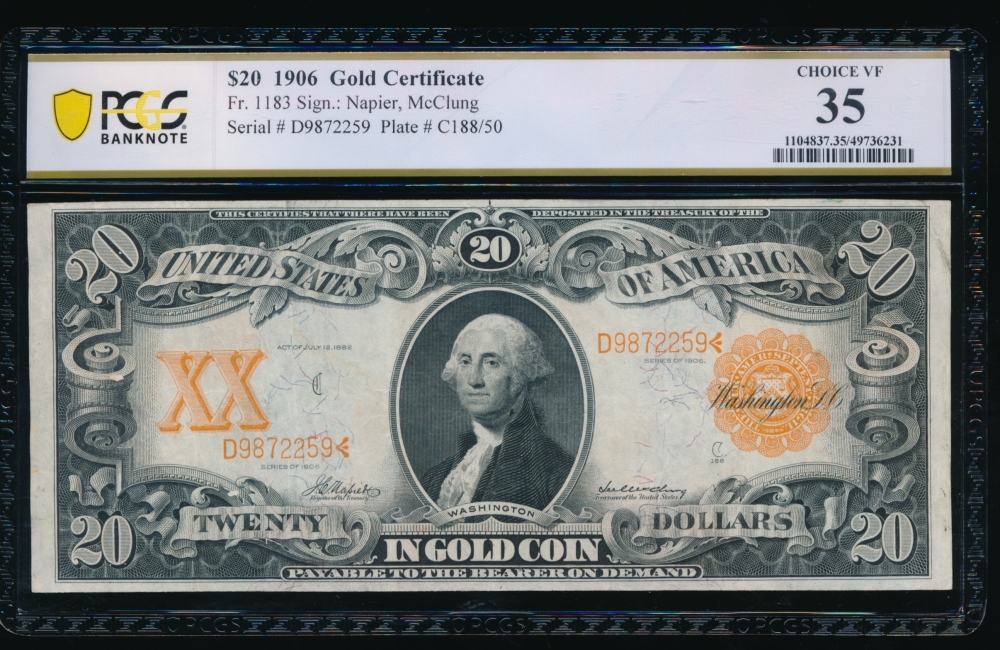 Fr. 1183 1906 $20  Gold Certificate  PCGS 35 FD9872259