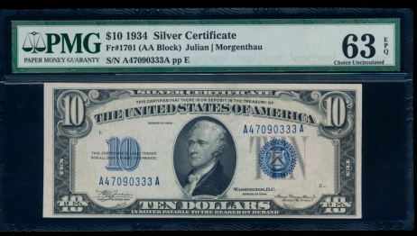 Fr. 1701 1934 $10  Silver Certificate AA block PMG 63EPQ A47090333A