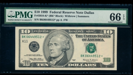 Fr. 2034-K 1999 $10  Federal Reserve Note  PMG 66EPQ BK06449512*