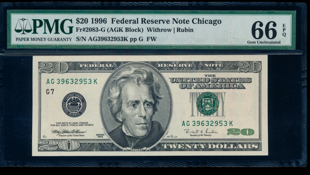 Fr. 2083-G 1996 $20  Federal Reserve Note Chicago PMG 66EPQ AG39632953K