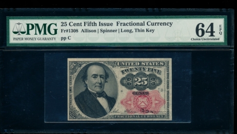 Fr. 1308 1875 $0.25  Fractional Fifth Issue: Long, Thin Key PMG 64EPQ no serial number