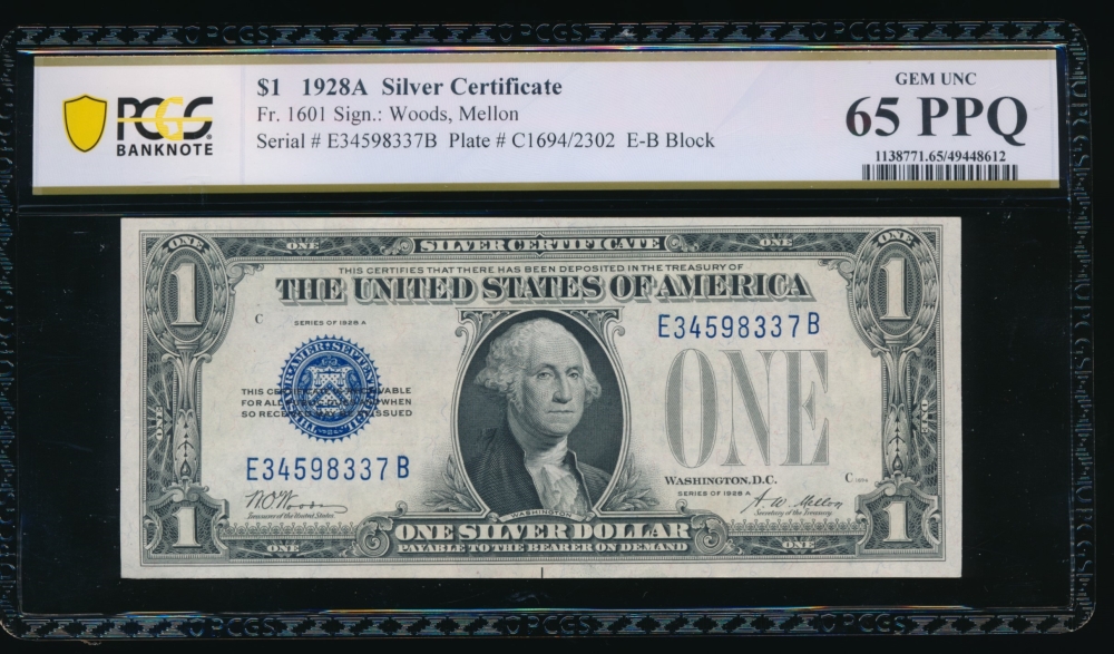 Fr. 1601 1928A $1  Silver Certificate EB block PCGS 65PPQ E34598337B