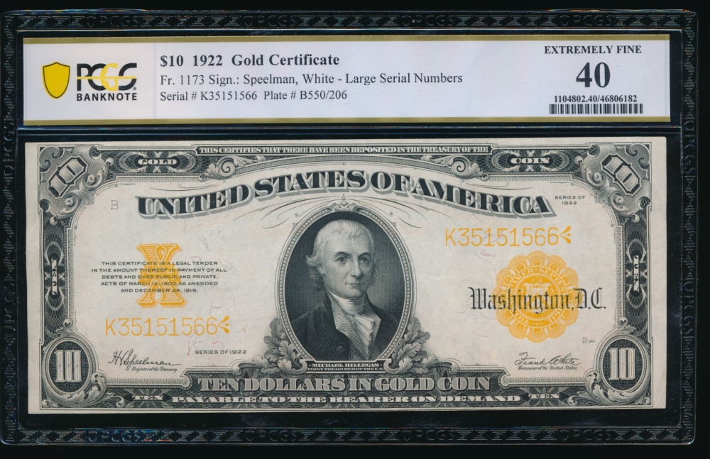 Fr. 1173 1922 $10  Gold Certificate  PCGS 40 K35151566