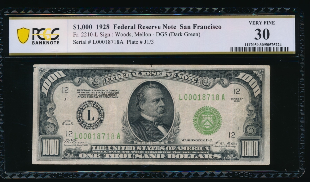 Fr. 2210-L 1928 $1,000  Federal Reserve Note San Francisco PCGS 30 L00018718A