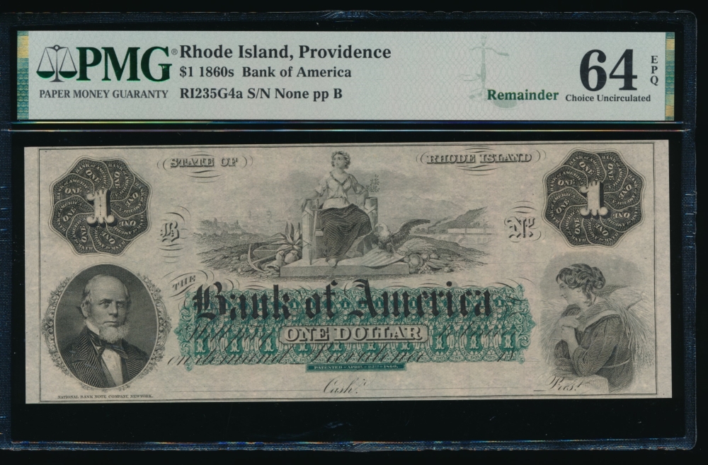 Fr. RI-235 G4a 1860s $1  Obsolete Bank of America, Rhode Island PMG 64EPQ no serial number