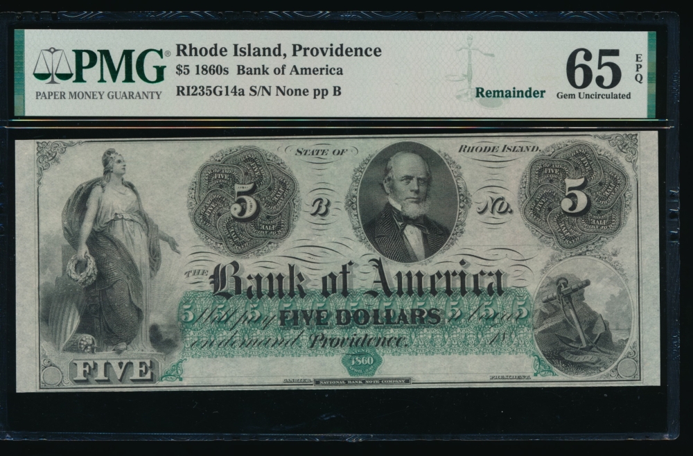 Fr. RI-235 G14 1860s $5  Obsolete Bank of America, Rhode Island PMG 65EPQ no serial number