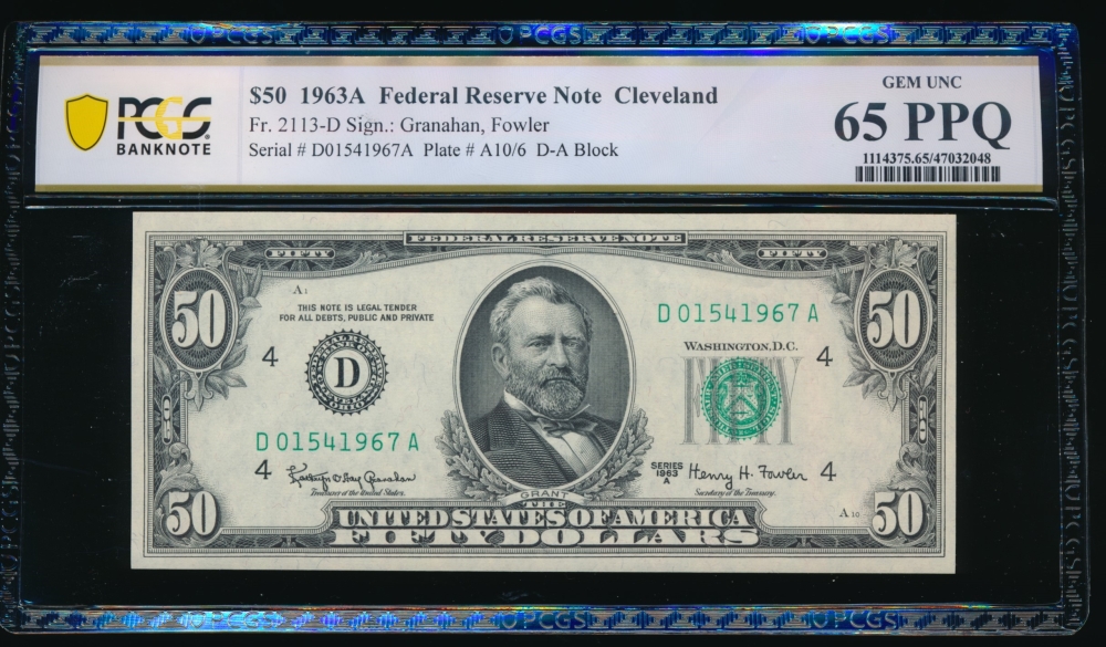 Fr. 2113-D 1963A $50  Federal Reserve Note Cleveland PCGS 65PPQ D01541967A