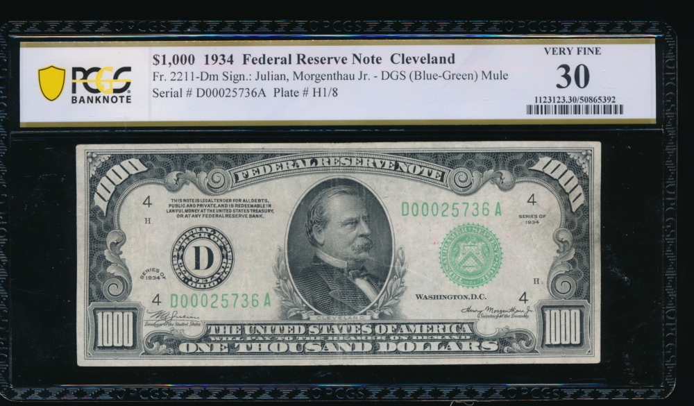 Fr. 2211-D 1934 $1,000  Federal Reserve Note Cleveland PCGS 30 D00025736A