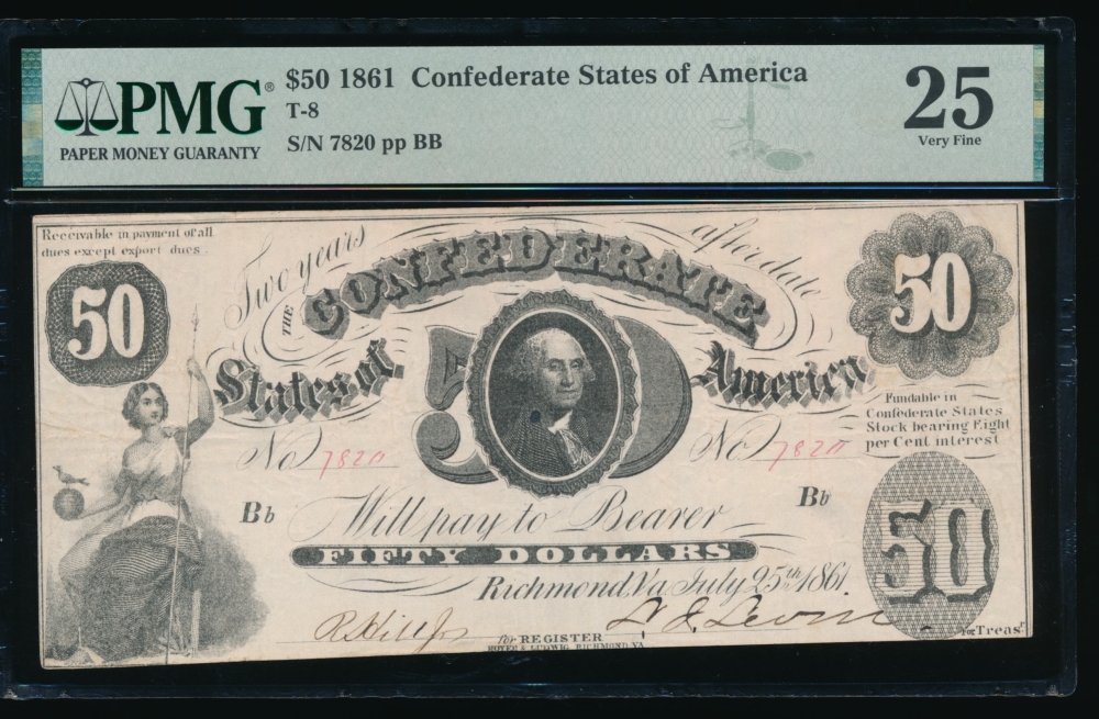 Fr. T-8 1861 $50  Confederate  PMG 25 7820