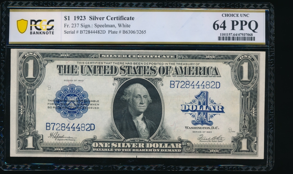 Fr. 237 1923 $1  Silver Certificate BD block PCGS 64PPQ B72844482D