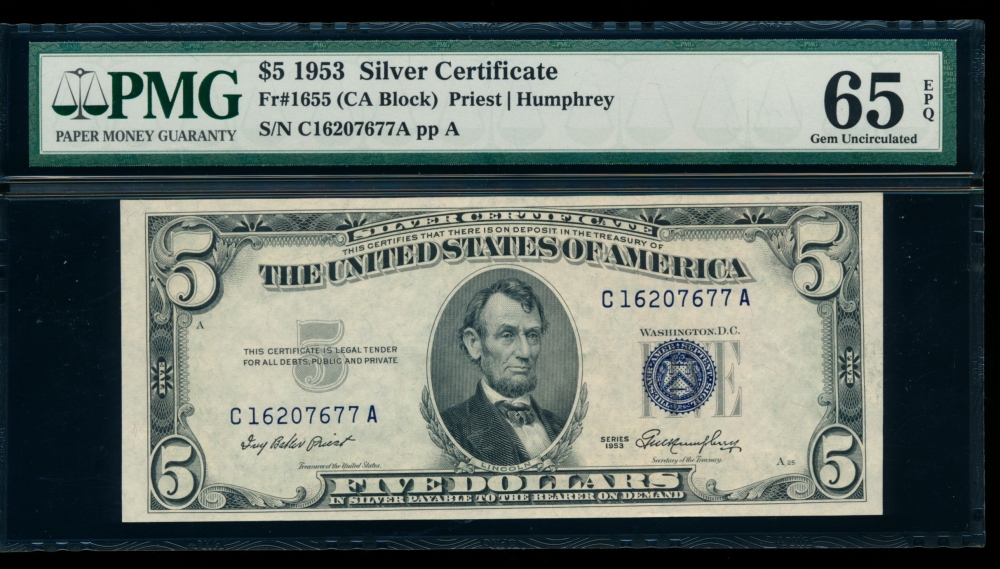 Fr. 1655 1953 $5  Silver Certificate CA block PMG 65EPQ C16207677A