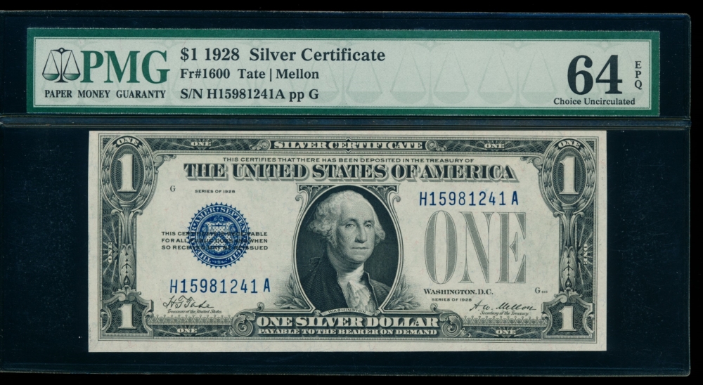 Fr. 1600 1928 $1  Silver Certificate HA block PMG 64EPQ H15981241A