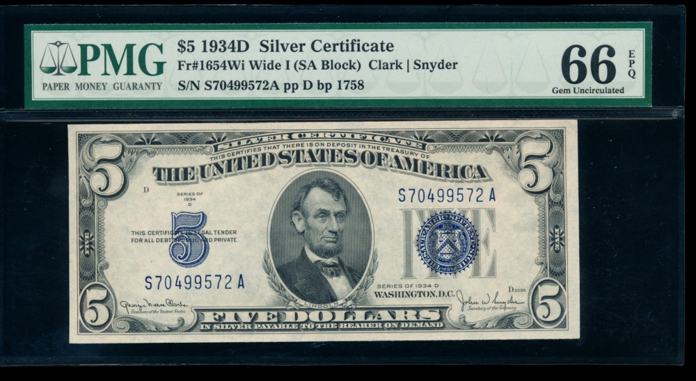 Fr. 1654 1934D $5  Silver Certificate SA block. Wide I PMG 66EPQ S70499572A