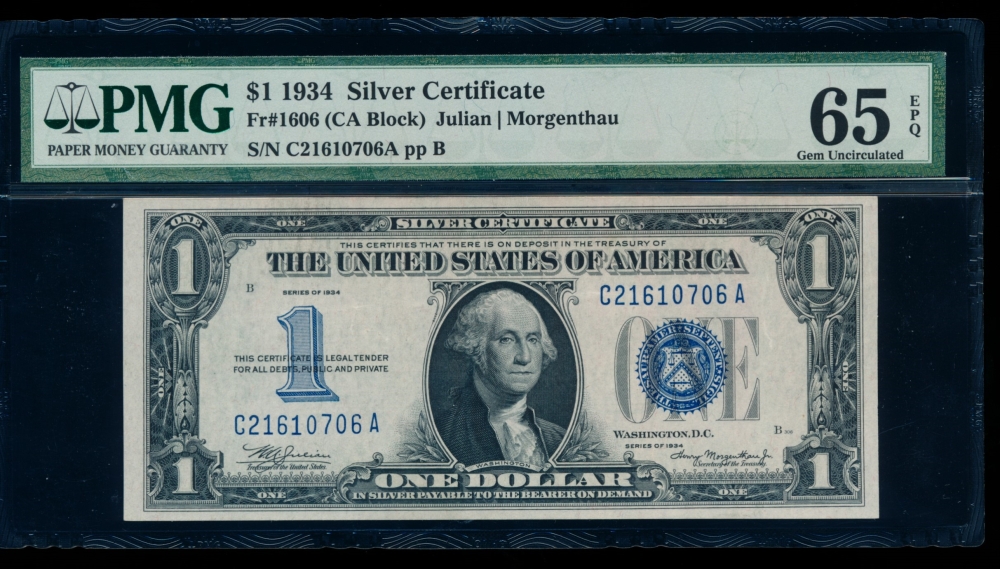 Fr. 1606 1934 $1  Silver Certificate CA block PMG 65EPQ C21610706A