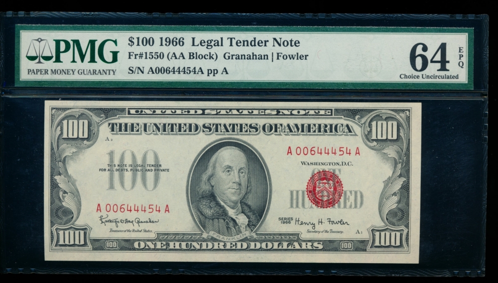 Fr. 1550 1966 $100  Legal Tender AA block PMG 64EPQ A00644454A