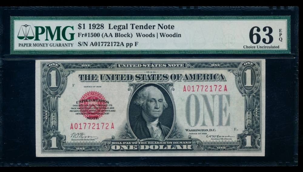 Fr. 1500 1928 $1  Legal Tender AA block PMG 63EPQ A01772172A