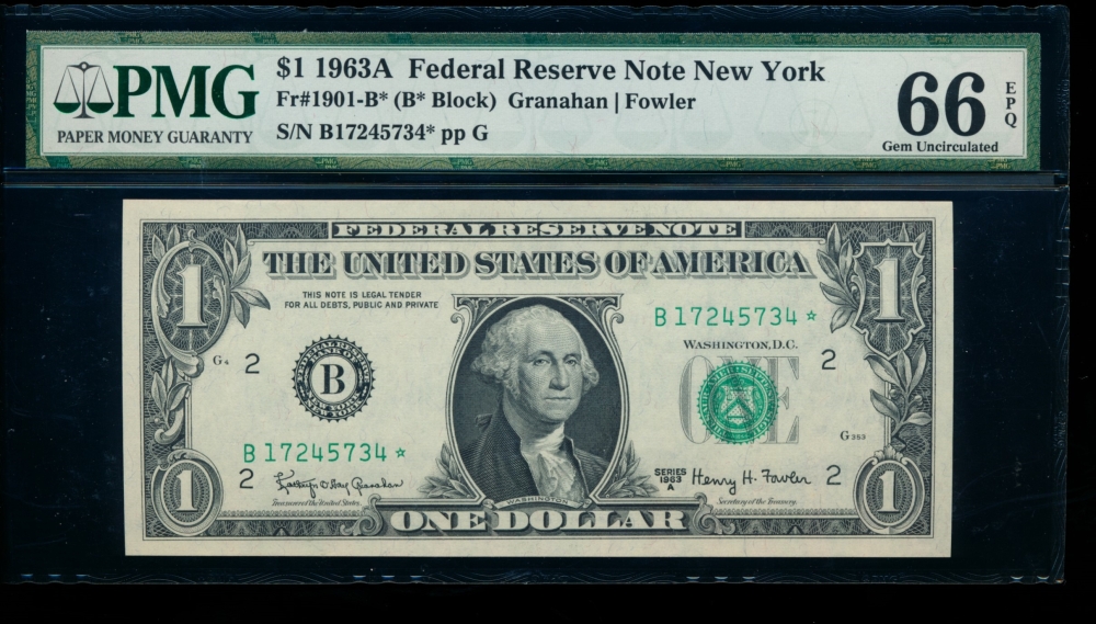 Fr. 1901-B 1963A $1  Federal Reserve Note New York star PMG 66EPQ B17245734*