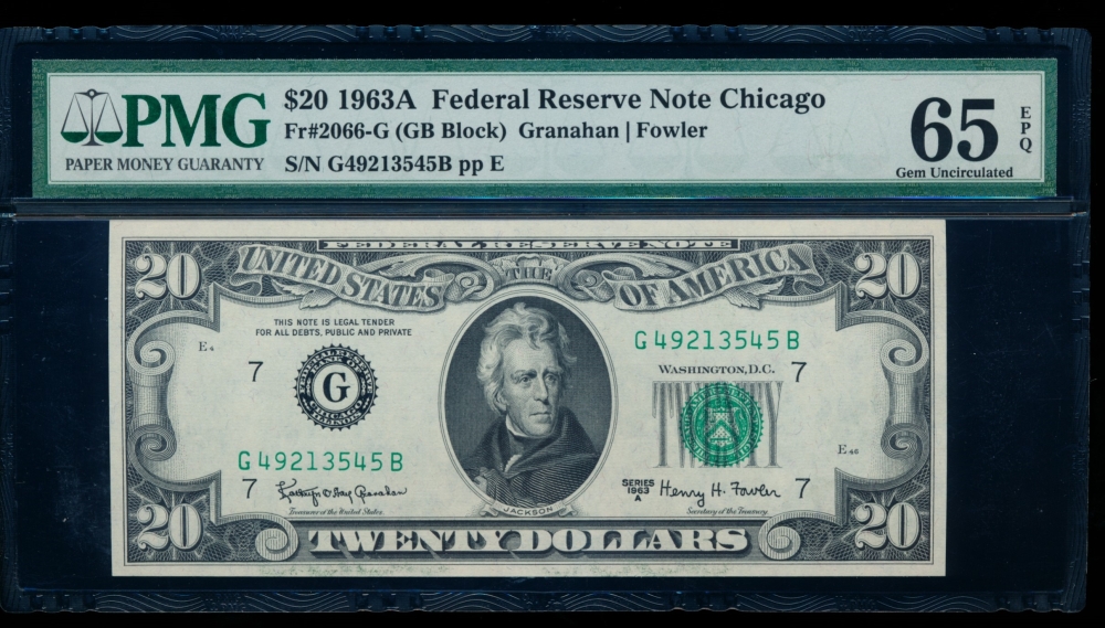 Fr. 2066-G 1963A $20  Federal Reserve Note Chicago PMG 65EPQ G49213545B