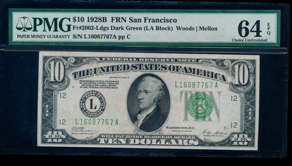 Fr. 2002-L 1928B $10  Federal Reserve Note San Francisco PMG 64EPQ L16087767A