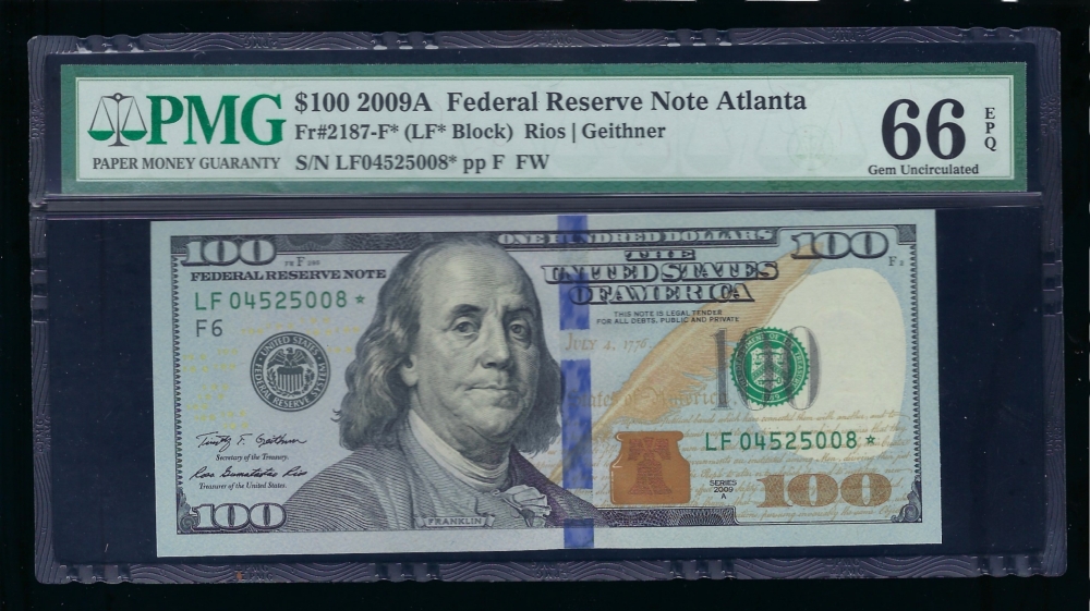 Fr. 2187-F 2009A $100  Federal Reserve Note Atlanta star PMG 66EPQ LF04525008*