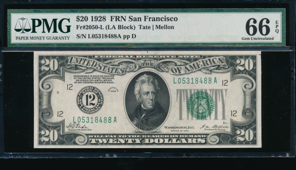 Fr. 2050-L 1928 $20  Federal Reserve Note San Francisco PMG 66EPQ L05318488A