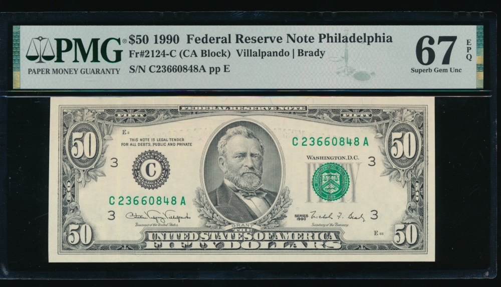 Fr. 2124-C 1990 $50  Federal Reserve Note Philadelphia PMG 67EPQ C23660848A