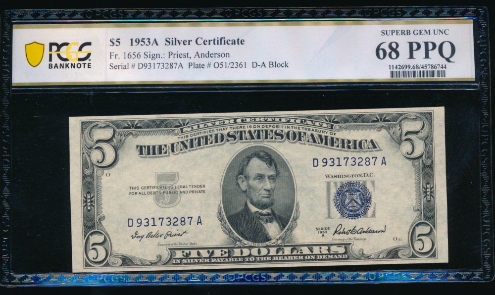 Fr. 1656 1953A $5  Silver Certificate DA block PCGS 68PPQ D93173287A