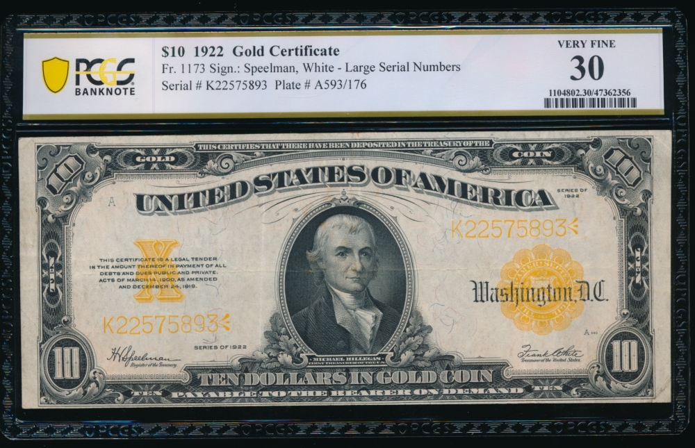 Fr. 1173 1922 $10  Gold Certificate  PCGS 30 K22575893