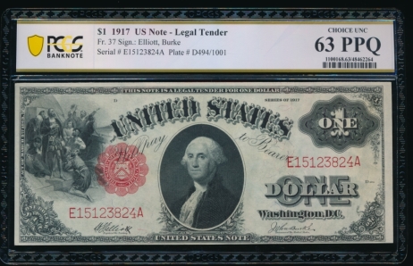 Fr. 37 1917 $1  Legal Tender  PCGS 63PPQ E15123824A