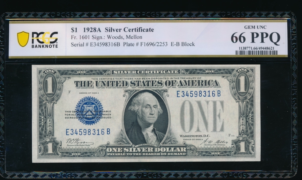 Fr. 1601 1928A $1  Silver Certificate EB block PCGS 66PPQ E34598316B