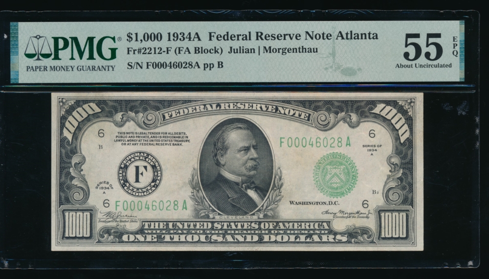 Fr. 2212-F 1934A $1,000  Federal Reserve Note Atlanta PMG 55EPQ F00046028A