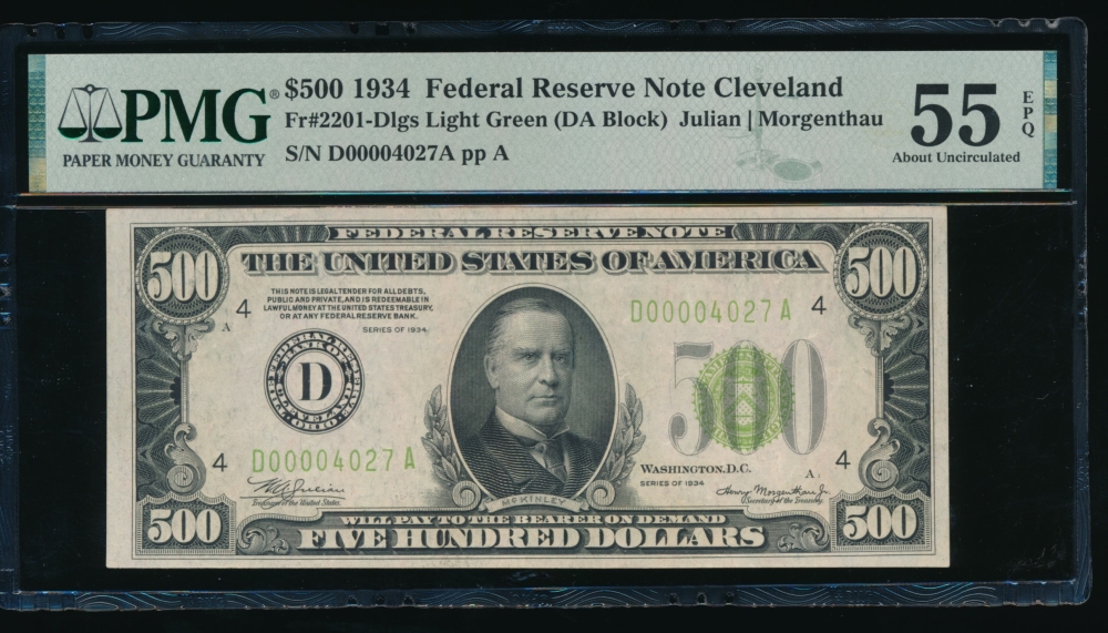 Fr. 2201-D 1934 $500  Federal Reserve Note Cleveland LGS PMG 55EPQ D00004027A