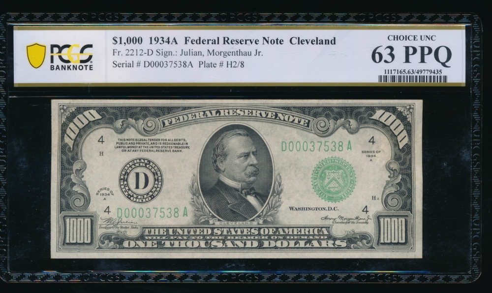 Fr. 2212-D 1934A $1,000  Federal Reserve Note Cleveland PCGS 63PPQ D00037538A