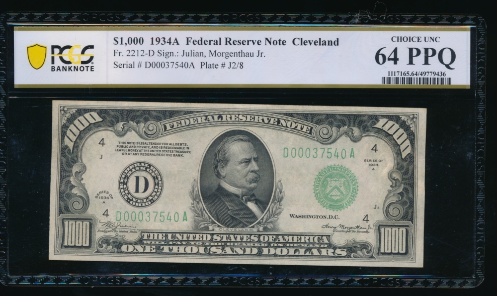 Fr. 2212-D 1934A $1,000  Federal Reserve Note Cleveland PCGS 64PPQ D00037540A