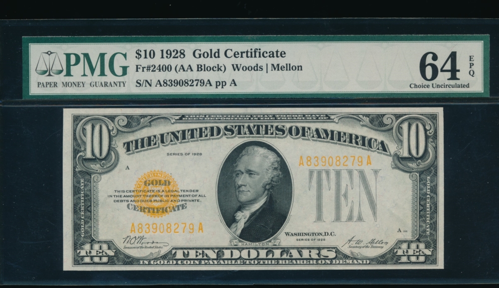 Fr. 2400 1928 $10  Gold Certificate  PMG 64EPQ A83908279A