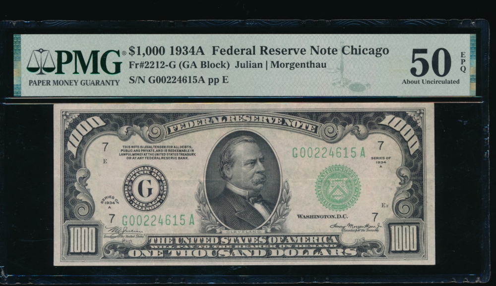 Fr. 2212-G 1934A $1,000  Federal Reserve Note Chicago PMG 50EPQ G00224615A