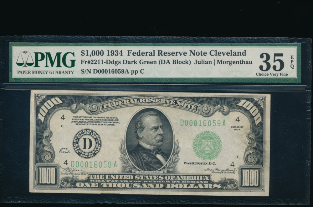 Fr. 2211-D 1934 $1,000  Federal Reserve Note Cleveland PMG 35EPQ D00016059A