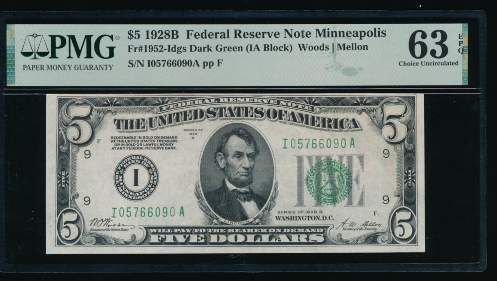 Fr. 1952-I 1928B $5  Federal Reserve Note Minneapolis PMG 63EPQ I05766090A