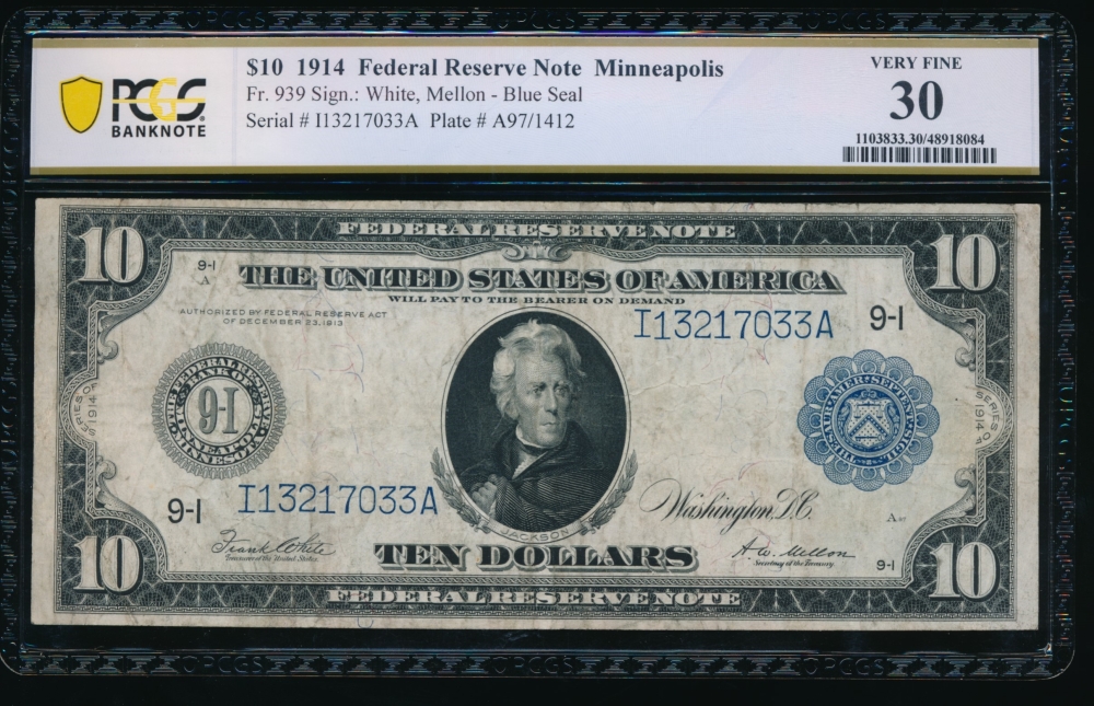 Fr. 939 1914 $10  Federal Reserve Note Minneapolis PCGS 30 I13217033A