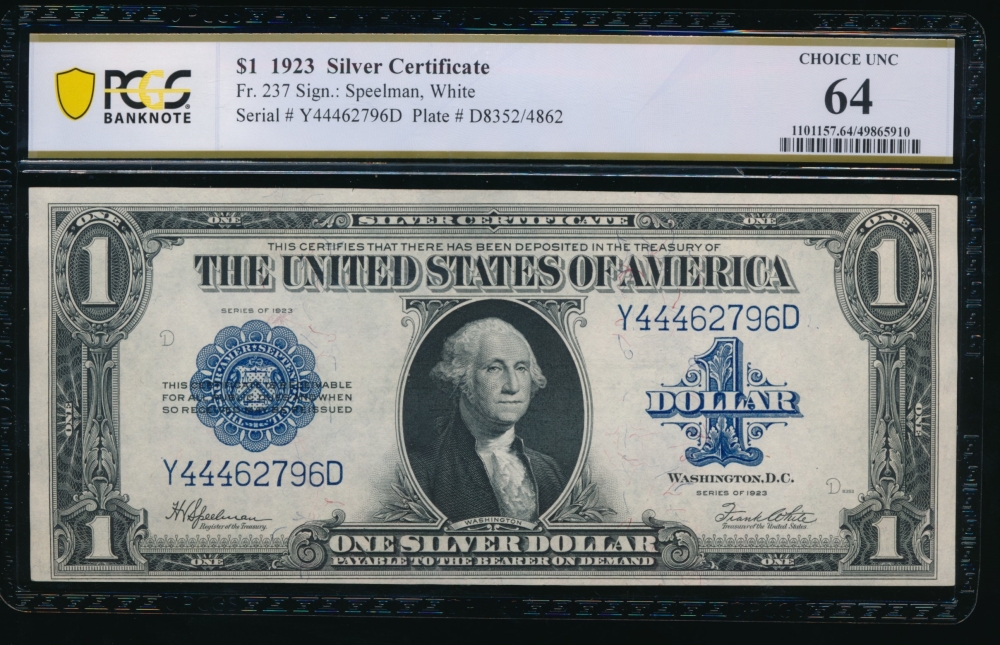 Fr. 237 1923 $1  Silver Certificate  PCGS 64 Y44462796D